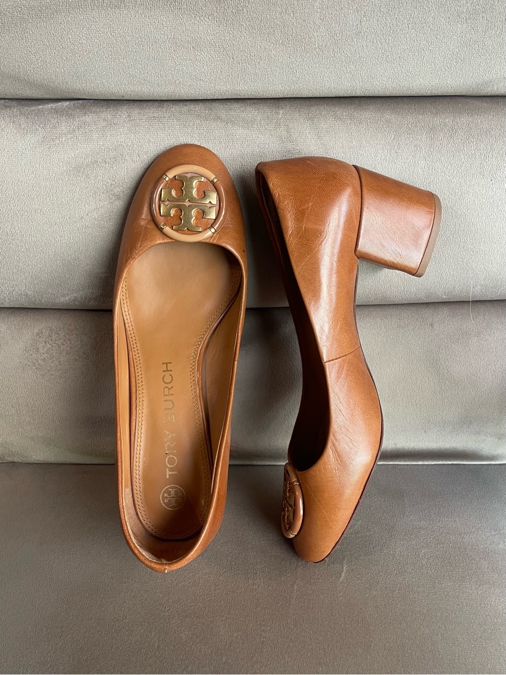 Tory Burch Brown Leather Block Heels with Logo